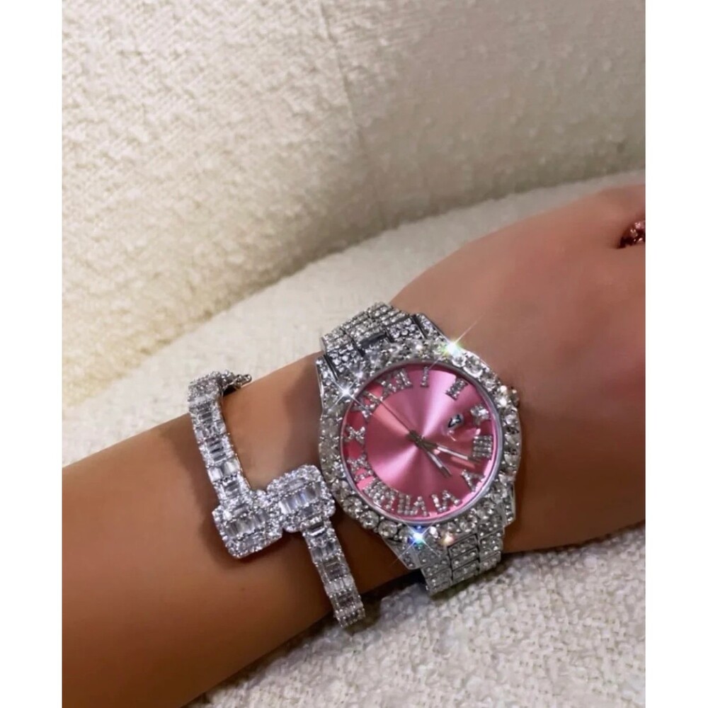 2 piece SET ! Pink and silver watch and square baguette bracelet